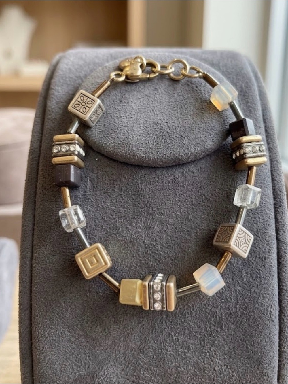 Brighton Mixed Metal Geometric Cube Bead Bracelet Rhinestone Heart Charm